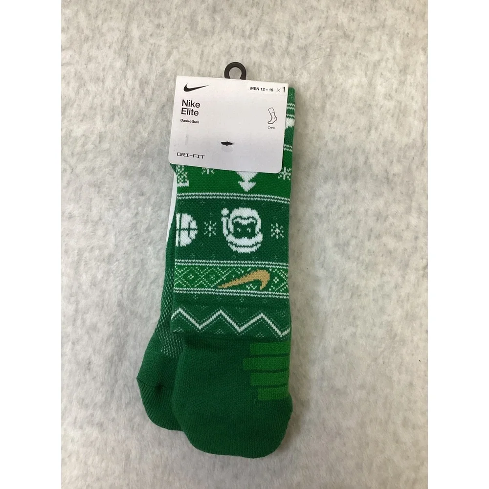 Nike Elite Basketball Crew Socks Green Holiday Fair Isle XL 12-15 SX7866-312